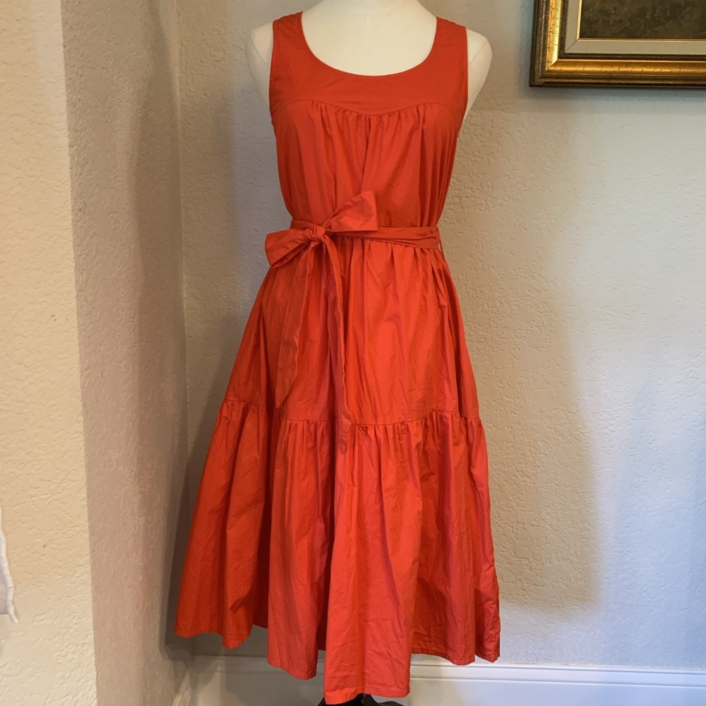 Roller Rabbit Sleeveless Red Cotton Midi Dress W/ Waist Tie & Ruffles Size XS